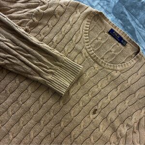 Ralph Lauren Cable Knit Sweater Size XXL Tan Crewneck Pullover Cotton Brown Pony